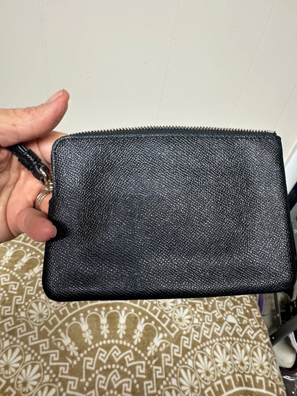Coach Black Pebbled Leather Zip Wristlet with Gold Hardware